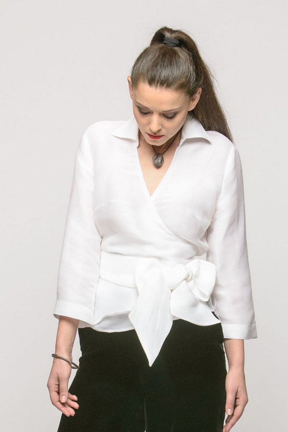 Buy Elegant silk white women`s blouse, Long sleeve V neck office casual blouse