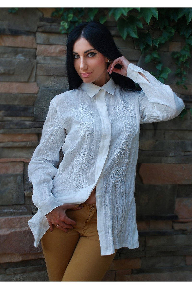 Buy Stylish women`s white hand embroidery linen shirt, unique designer blouse 