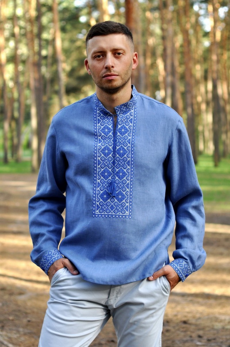 Men's linen blue vyshivanka shirt, Summer Ukrainian Folk ethnic ...