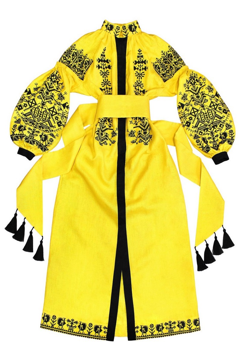 Buy Yellow long linen embroidered shirt women authentic ethnic Ukrainian designer dress