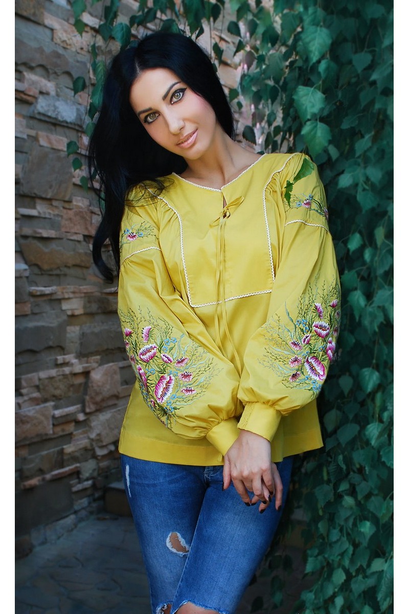 Buy Cotton yellow hand embroidered blouse, Ukrainian embroidery shirt