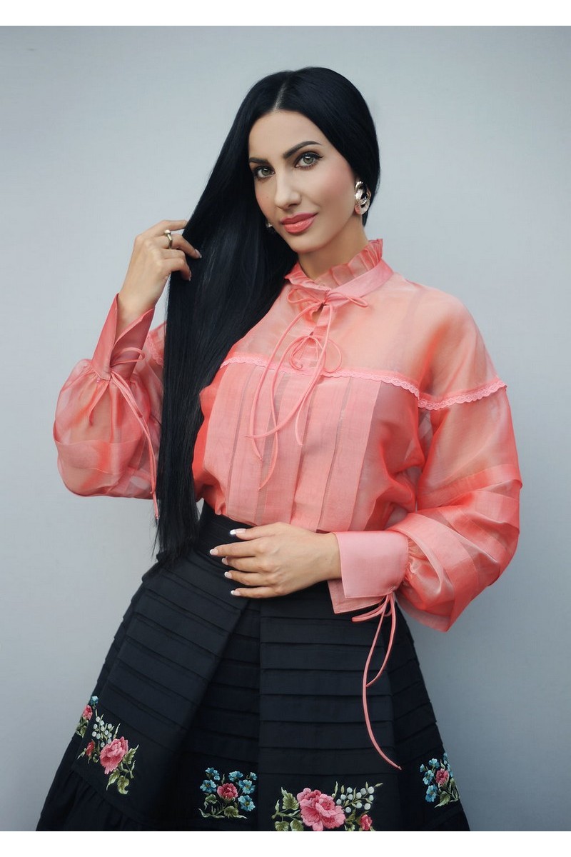 Buy Luxurious silk pink women`s elegant party long sleeve blouse