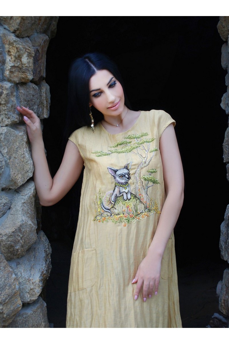 Buy Long Exclusive Beige Women Summer Linen Embroidery Bonsai Sundress 