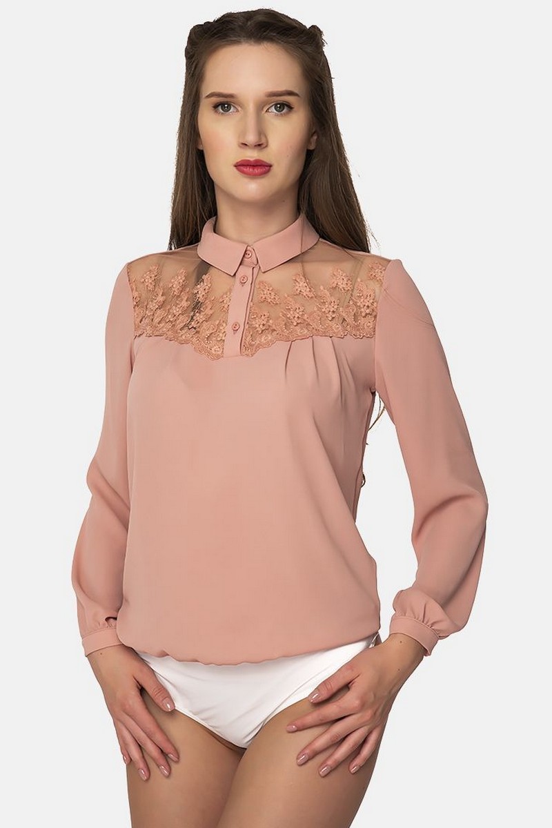 Buy Pink business office elegant lace blouse body, Women`s Long Sleeve blouse bodysuit