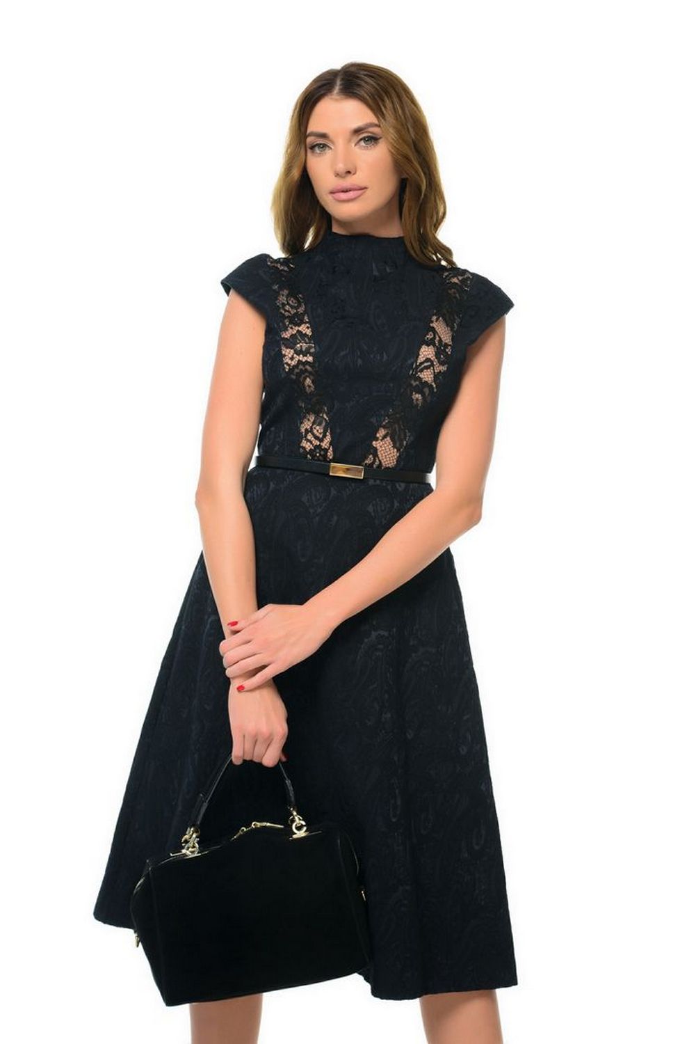 Buy Women Black Guipure Lace Elegant dress, Knee length short sleeve party dress by Arefeva