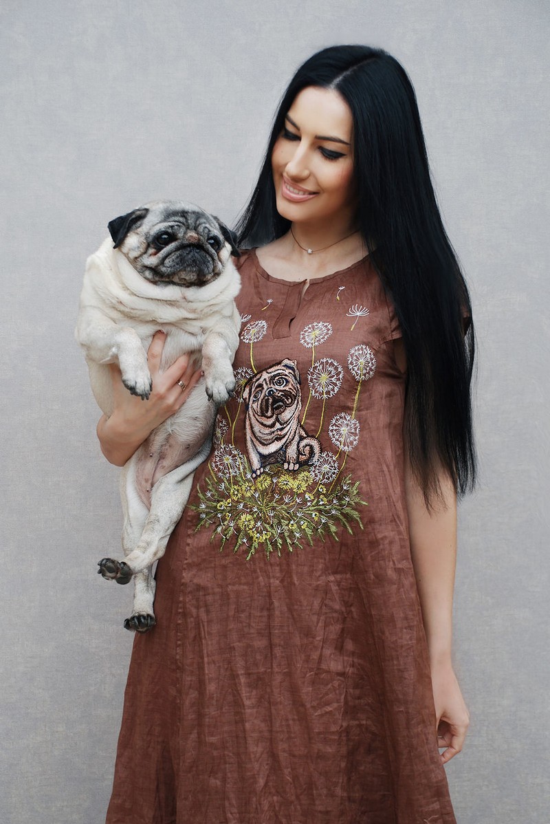 Buy Stylish long brown linen handmade embroidered pug bell design sundress