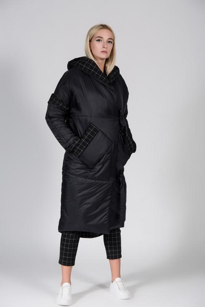 Buy Warm black midi hooded coat, puffed casual women comfortable stylish unique design coat 