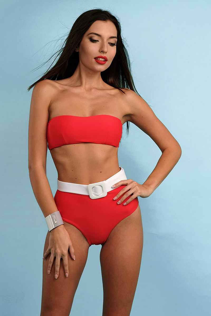 Buy Retro red women's two piese swimsuit with belt, Sexy summer swimsuit, Stylish swimwear for ladies