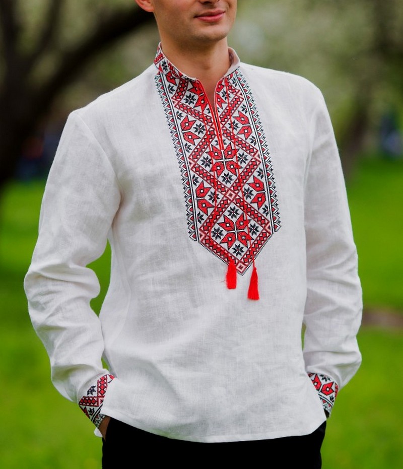 Buy Men's linen white long sleeves shirt with embroidery, Summer Ukrainian Folk ethnic vyshivanka