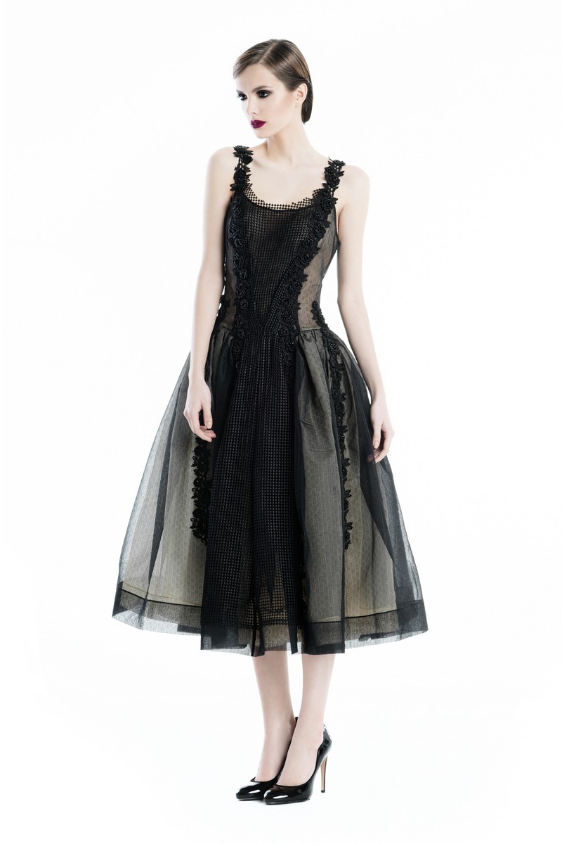 Buy Black beige vintage elegant puffy midi skirt dress, Straps Lace Mesh Event Evening Dress