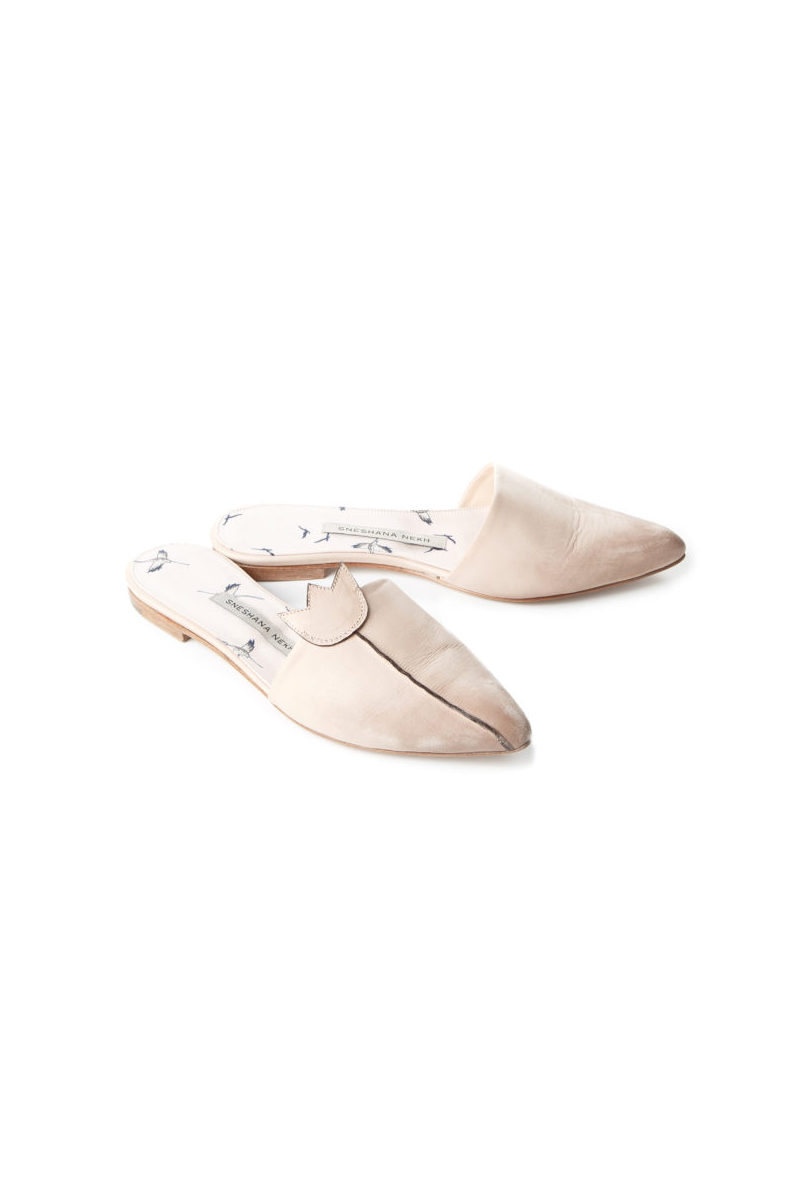 Buy Comfortable beige women`s leather no heel narrow toe clogs, Designer original shoes