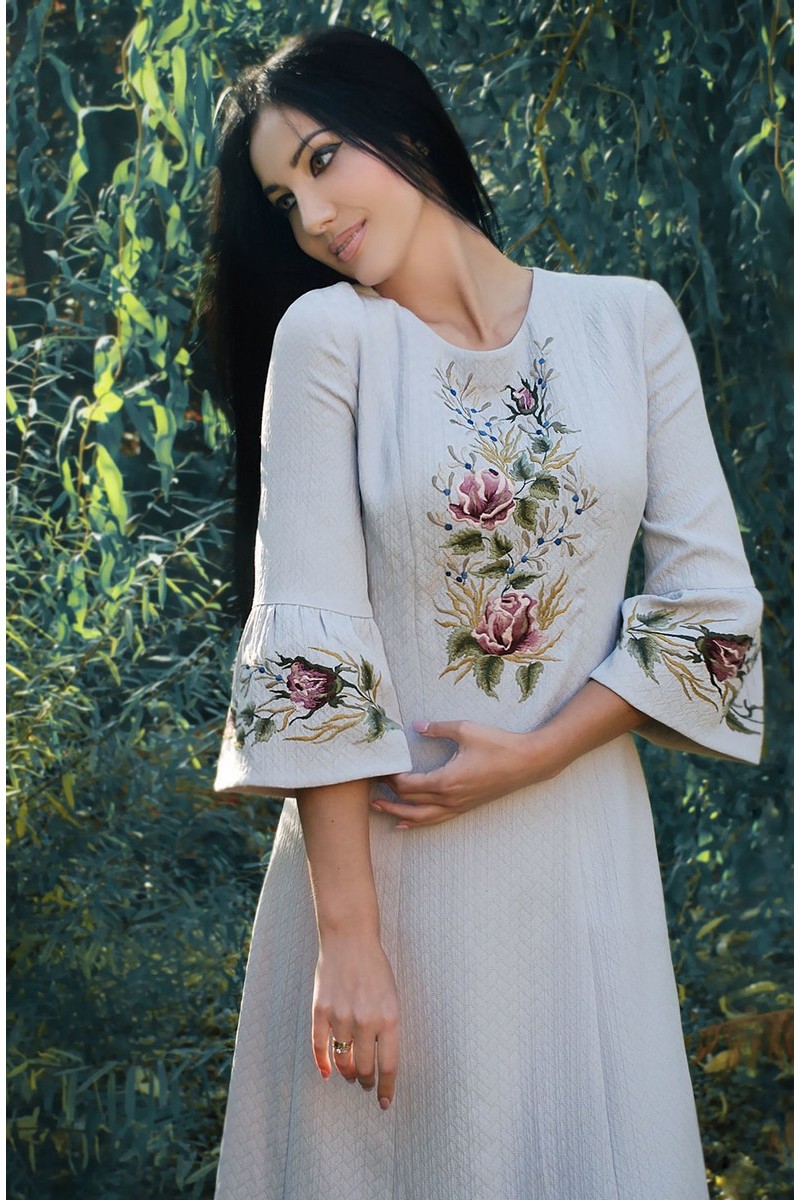 Buy Elegant beige viscose hand embroidery party casual dress 