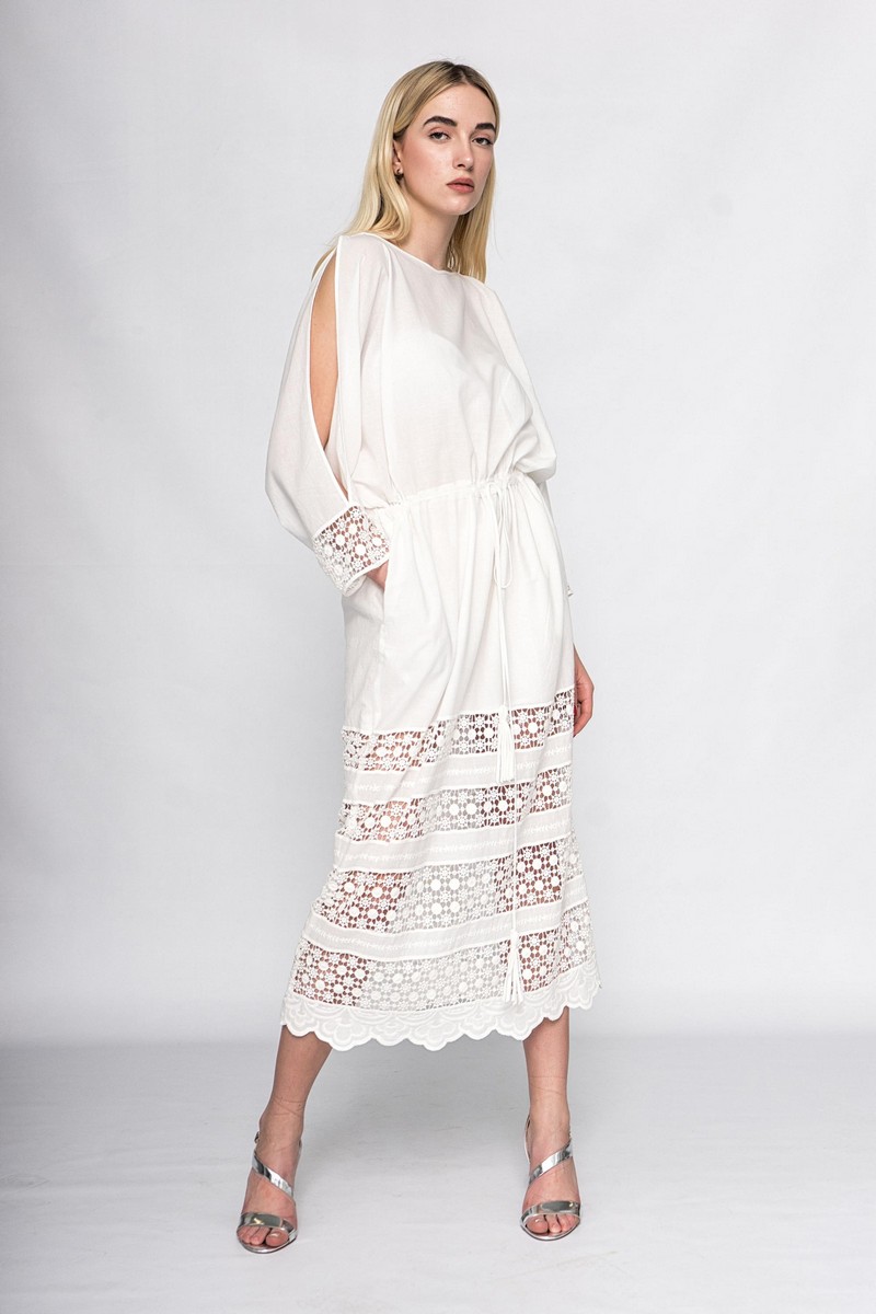 Buy Summer cotton midi lace white dress, Сomfortable casual ladies long sleeve elegant dress