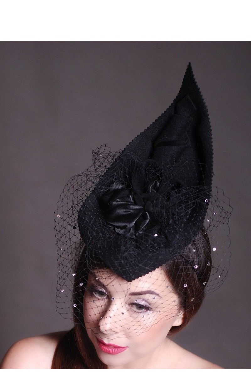 Buy Original evening black felt women's hat on hoop, design veil Swarovski crystals