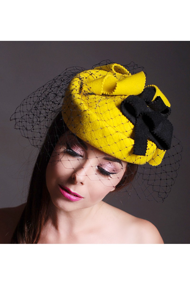 Buy Retro Yellow Felt Women Small Mesh Veil Pillbox Hat, Brightly designer hat 