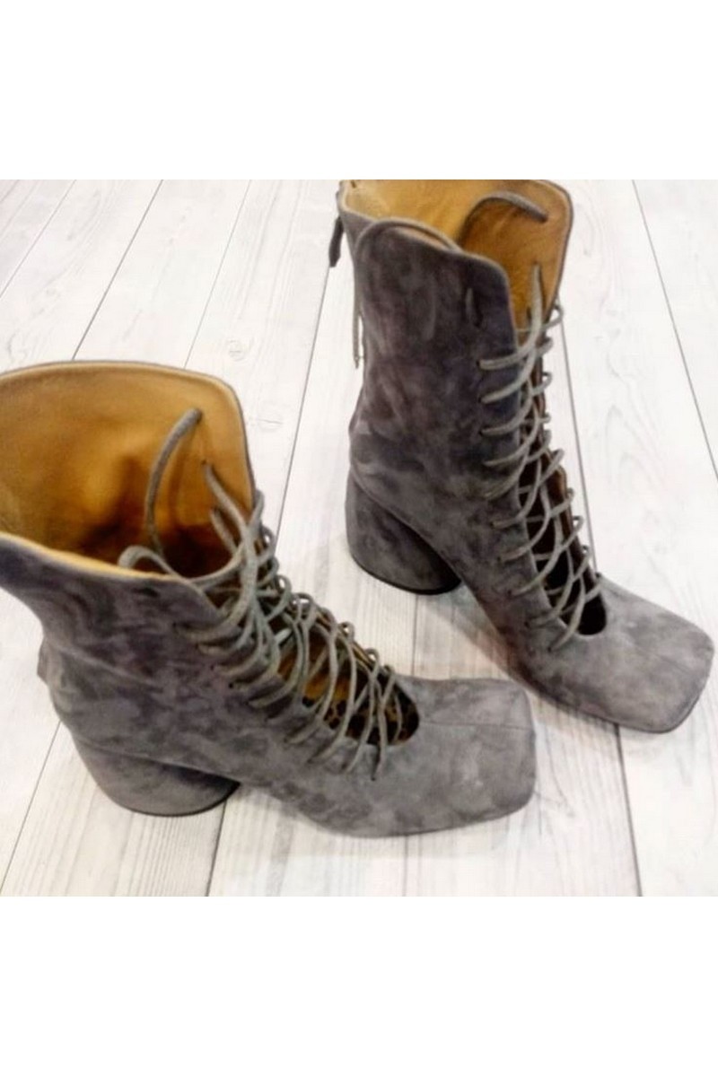 Buy Gray suede square toe boots, lacing heel exclusive designer boots