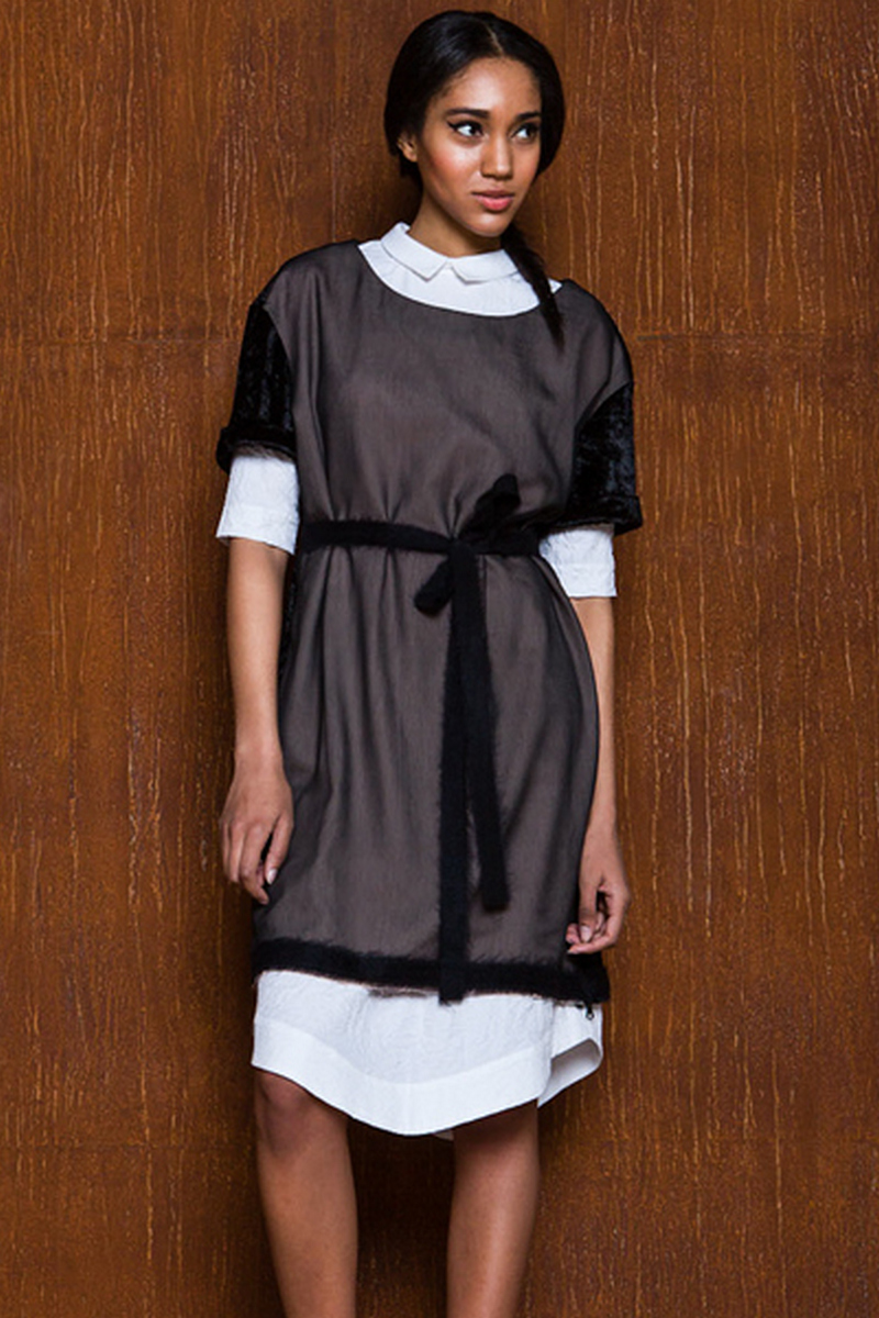 Buy Black chiffon silk velvet straight original unique design women's tunic, short sleeve belt