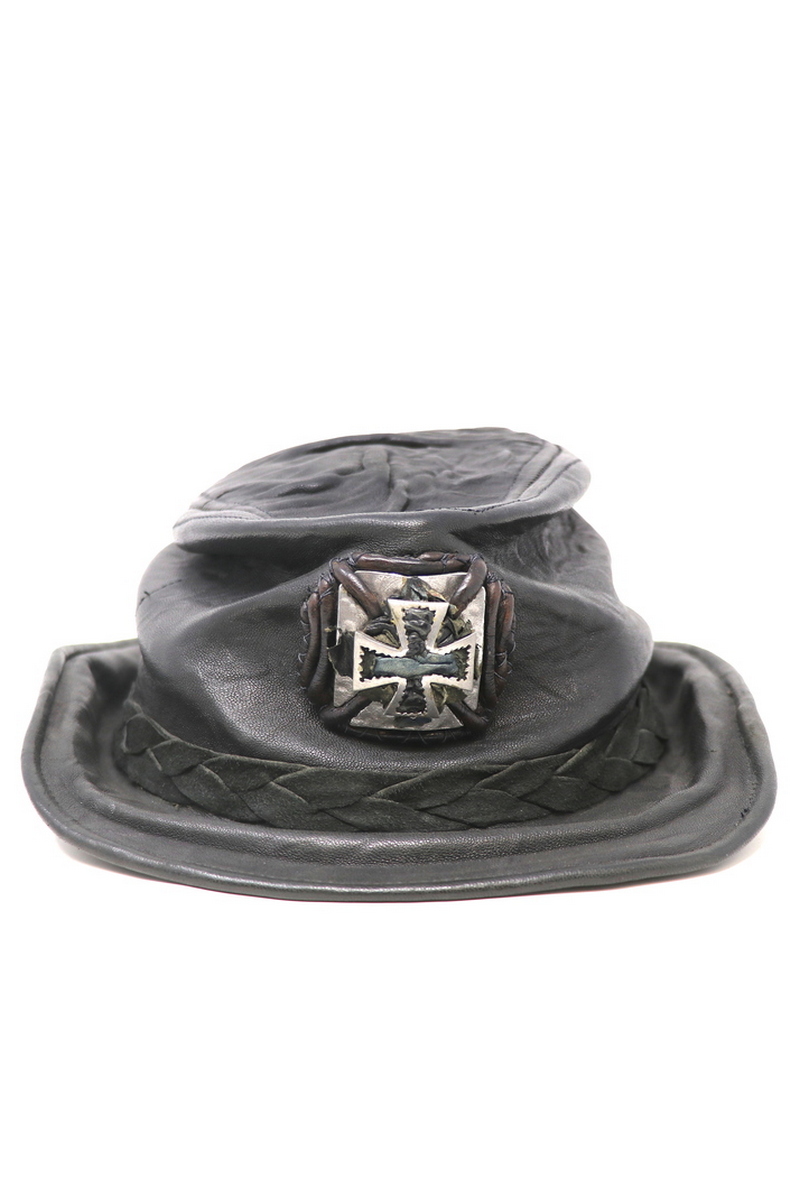 Buy Leather Black RocknRoll Cross Hat, Handmade Unique Designer Men Metall Hat
