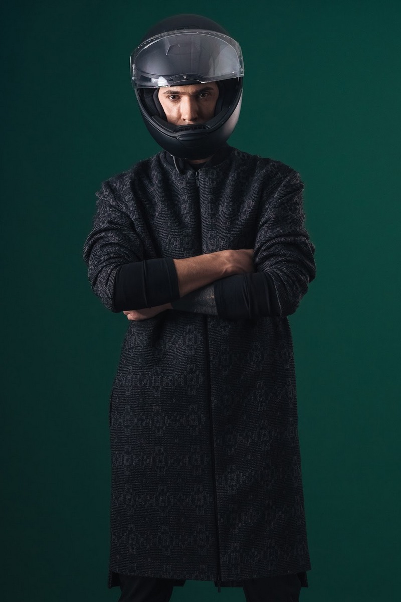 Buy Long coat for men casual wool black with pattern zipper pockets