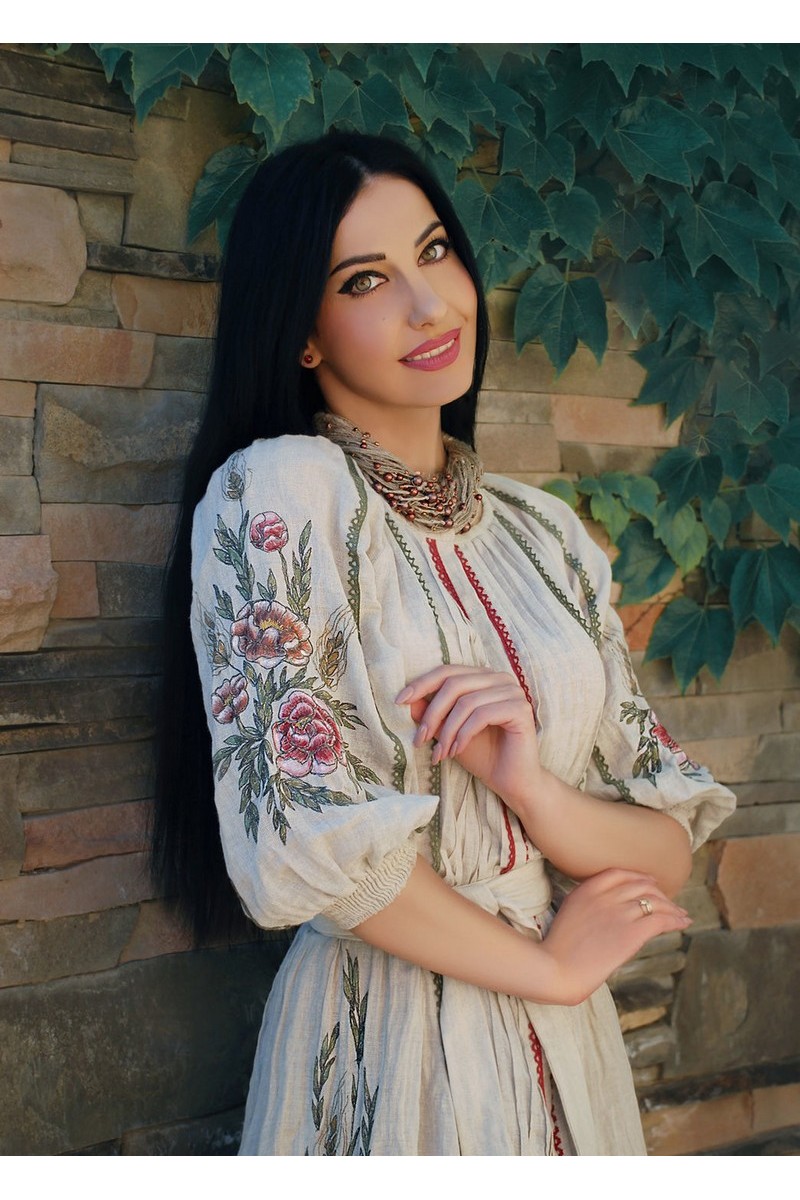 Buy Linen long dress floral embroidery authentic traditional designer Ukrainian dress