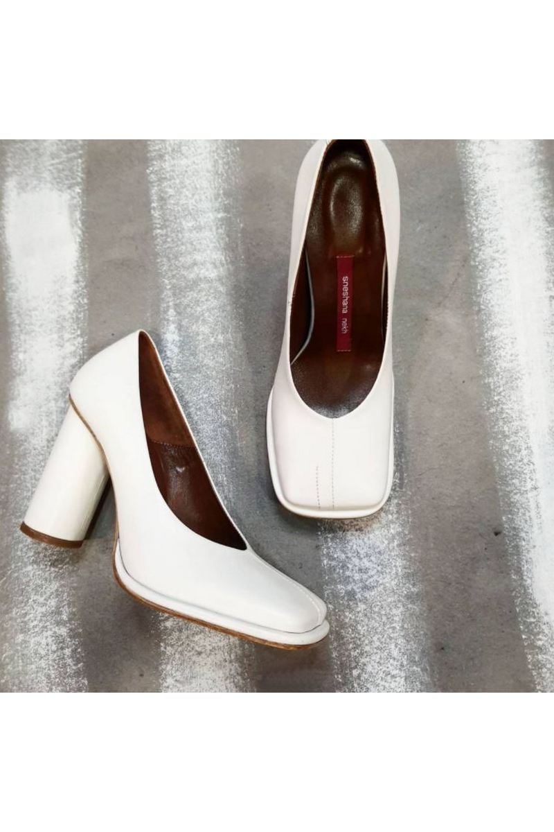 Buy Women's White Leather Round High Heel Square Toe Fashion Handmade Pump