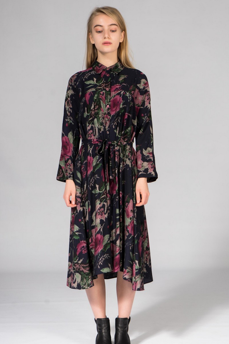 Buy Silk eco boho floral print dress, Stylish loose midi long sleeve comfortable dress