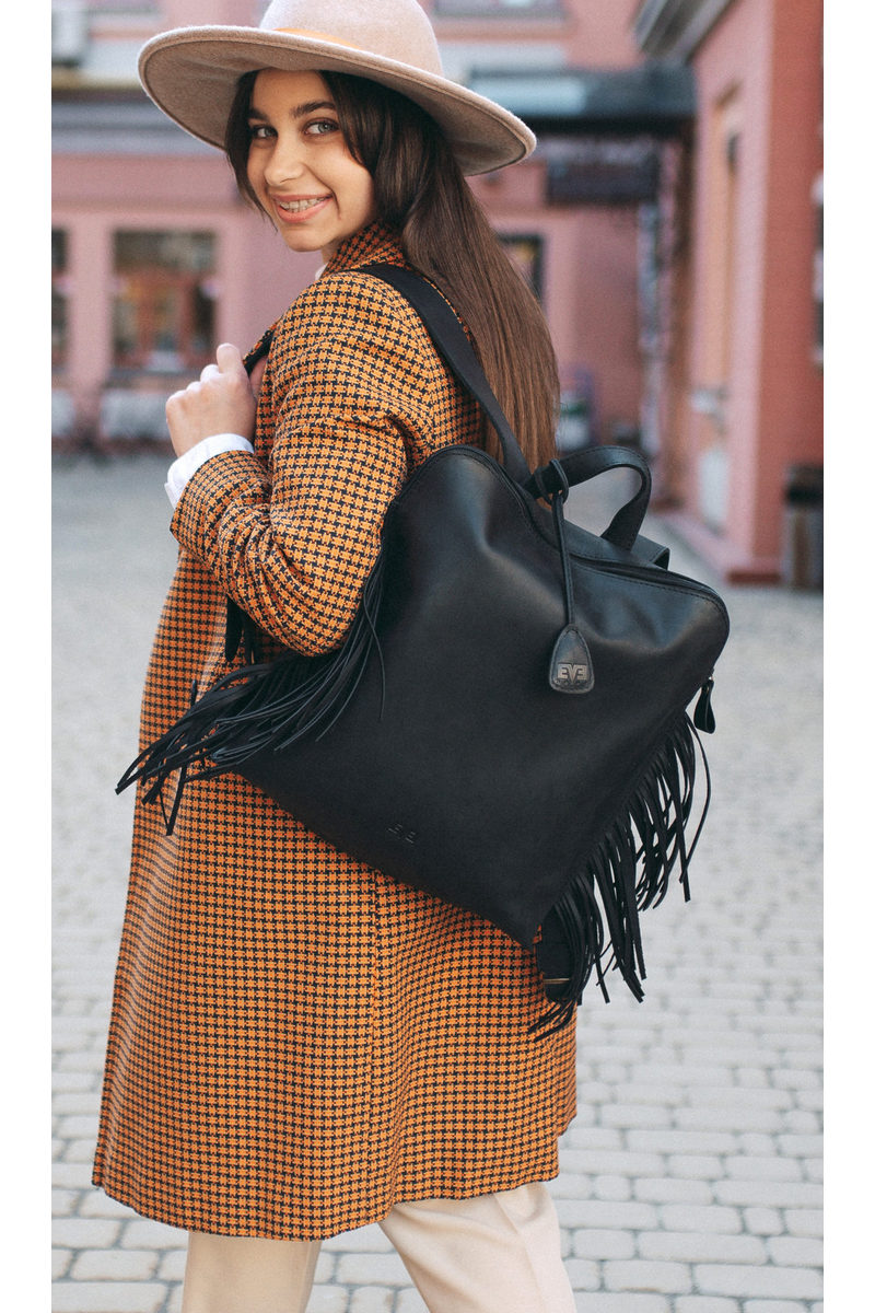Buy Medium fringe leather black backpack, Stylish comfortable unique designer city backpack