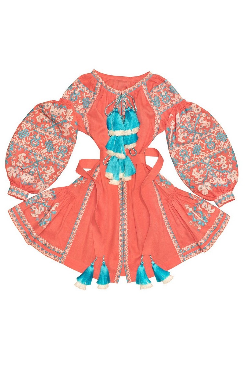 Buy Pink linen short designer Ukrainian ethnic unique vyshivanka dress
