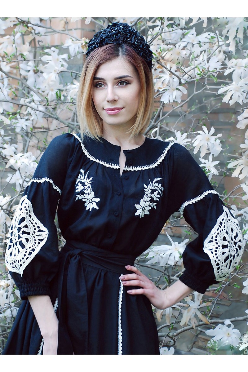 Buy Exclusive linen embroidered black dress, lace designer dress