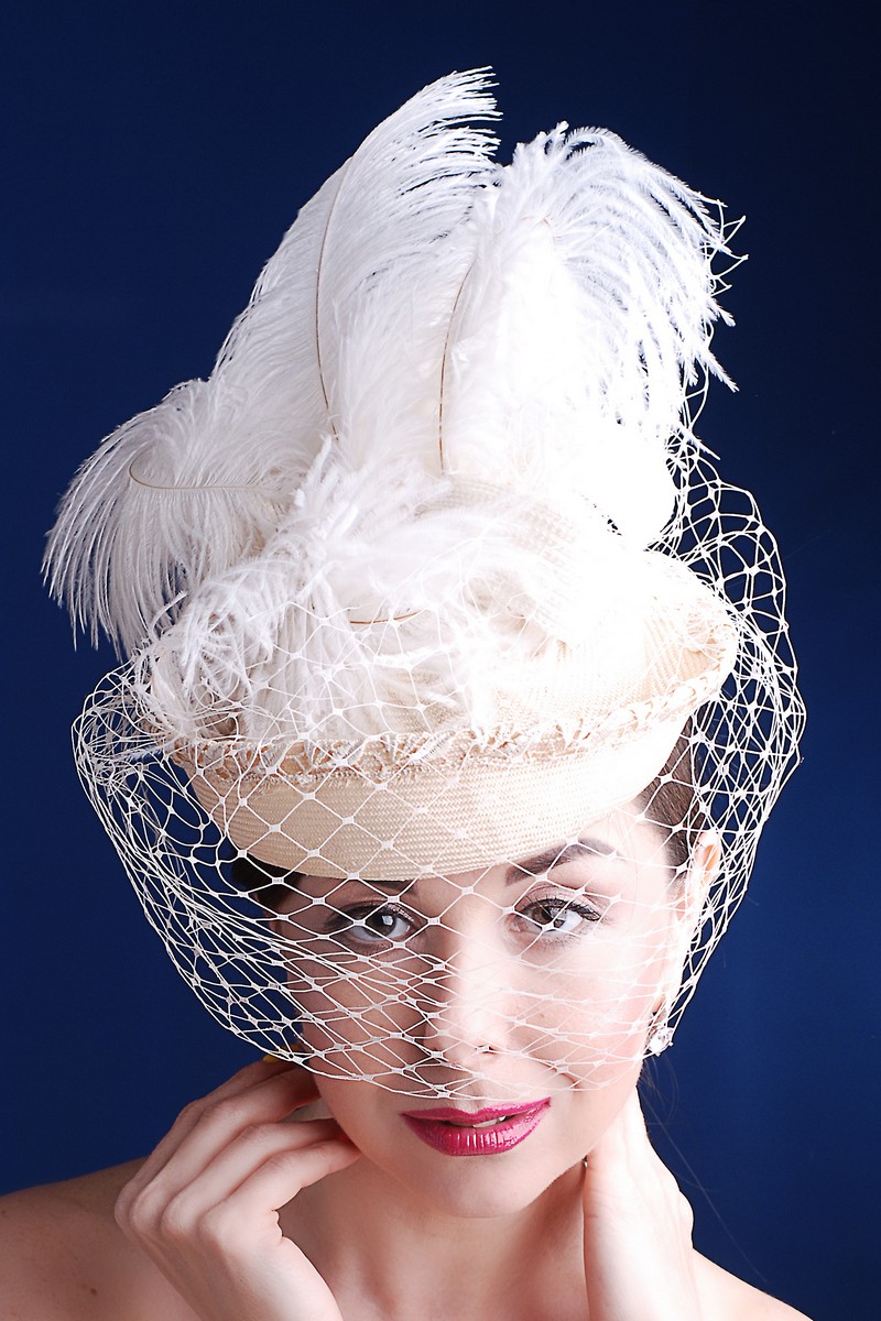 Buy Classical small white women's evening retro hat with veil and feathers, designer unique stylish hat