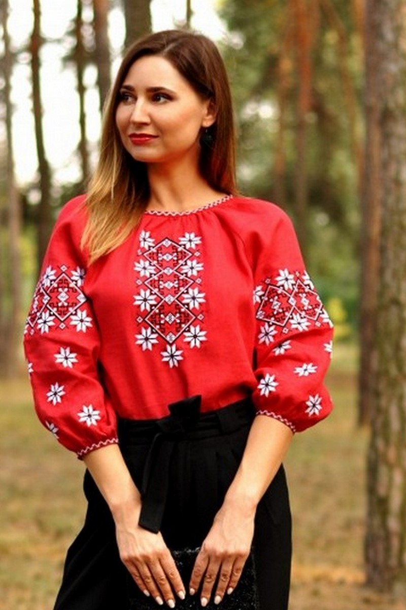 Buy Stylish red comfortable linen Ukrainian vyshivanka shirt, designer ethnic folk blouse