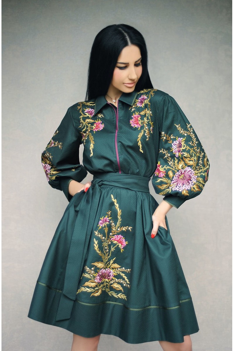 Buy Elegant exotic handmade embroidered green festive cotton dress