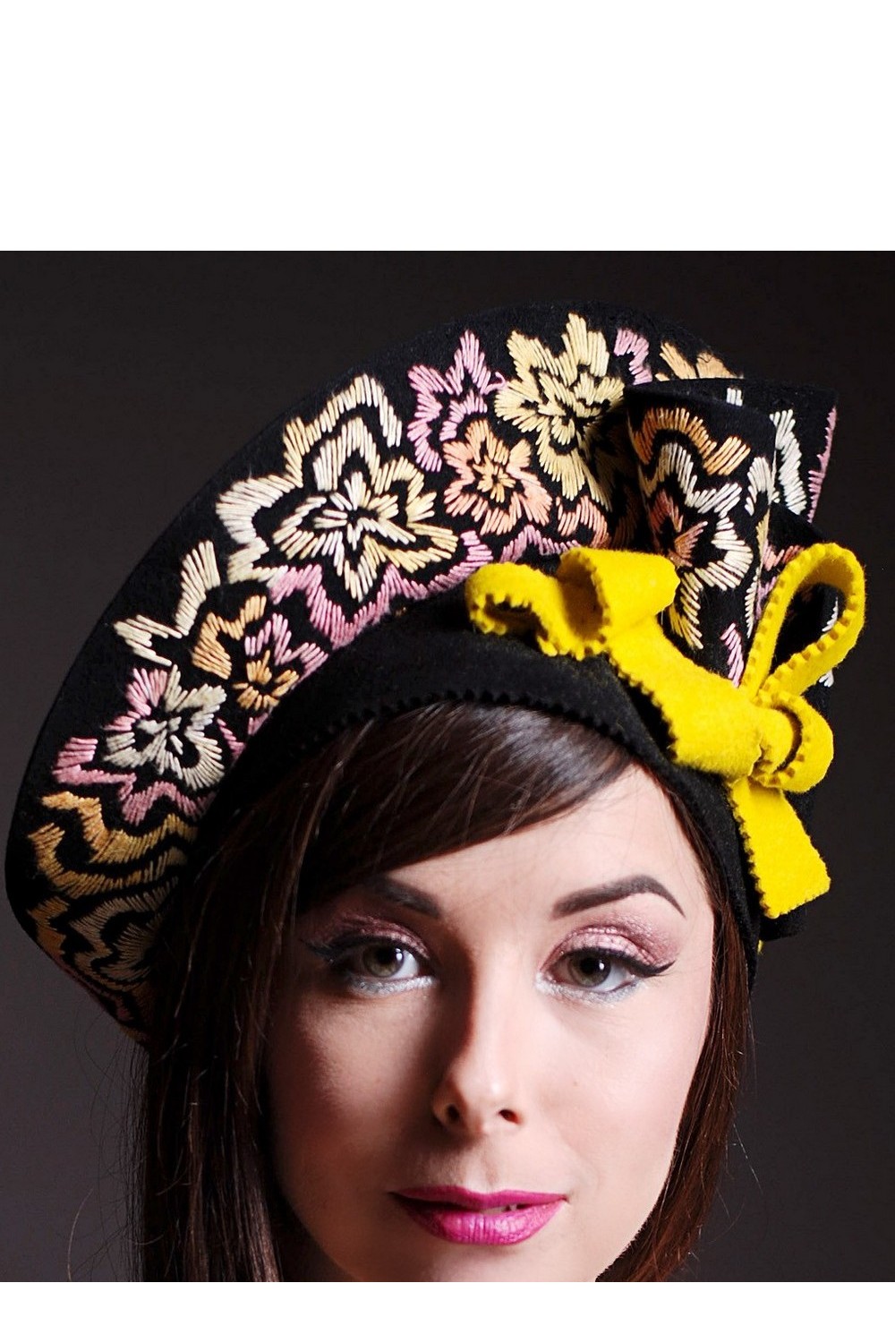 Buy Women's embroidered handmade evening black felt hat, Unique designer hat