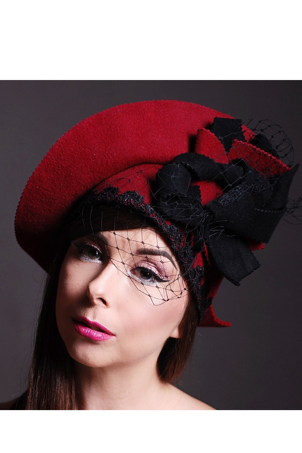 Buy Red classic women's felt veil retro style hat, Unique designer hat