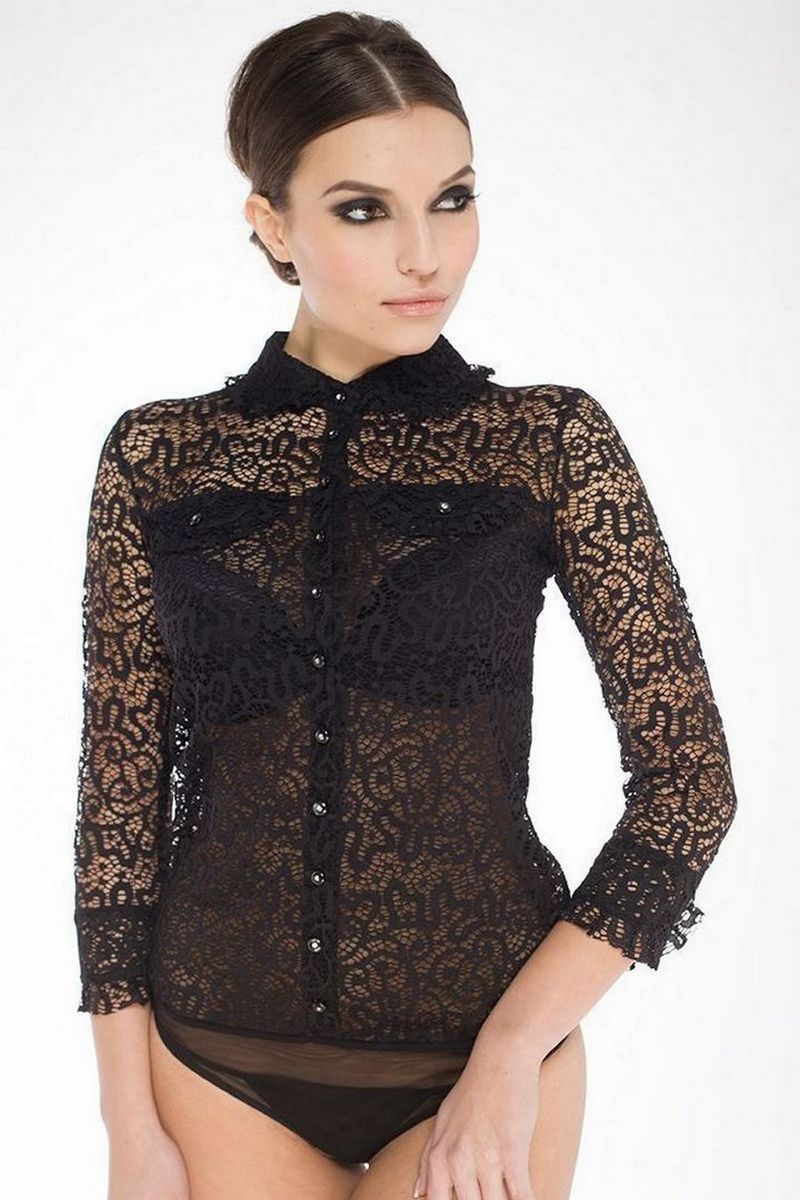 Buy Black Blouse Body for Women Guipure Lace Translucent Unique Office Style Clothing Arefeva