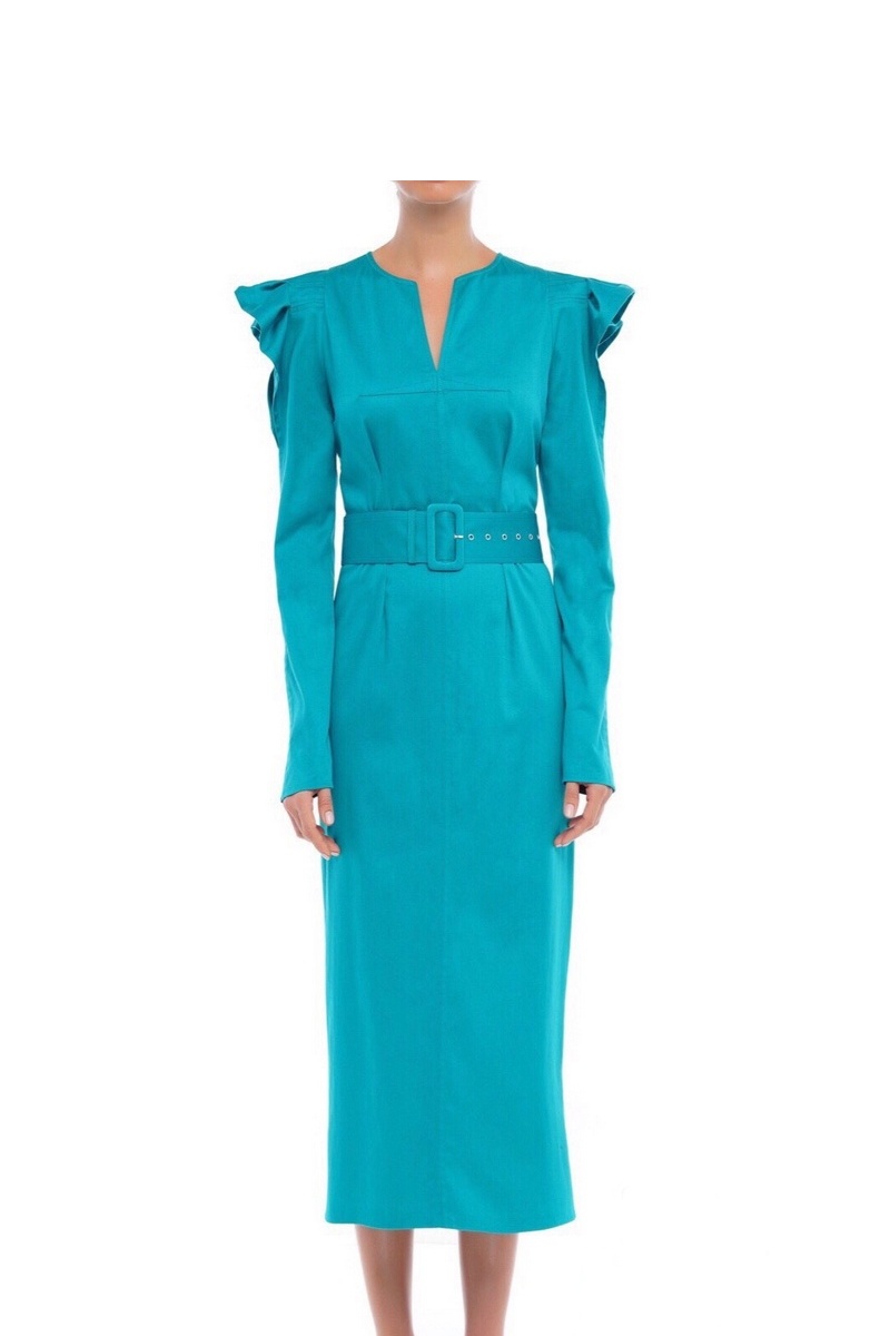 Buy Blue cotton midi dress under the belt amphasis sleeves, long sleeve V neck dress 