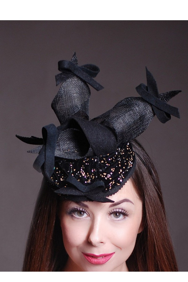 Buy Evening black unique women's felt hat on hoop, designer velvet straw hat