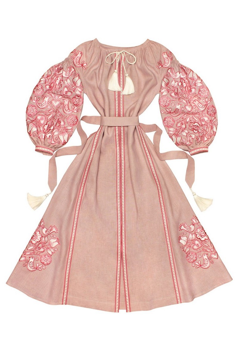 Buy Long pink linen Ukrainian flavor ethnic embroidered ornament unique designer vyshivanka dress