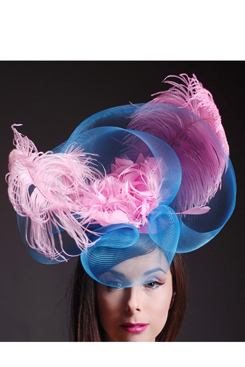 Buy Bright pink blue women party retro designer hat ostrich feathers 