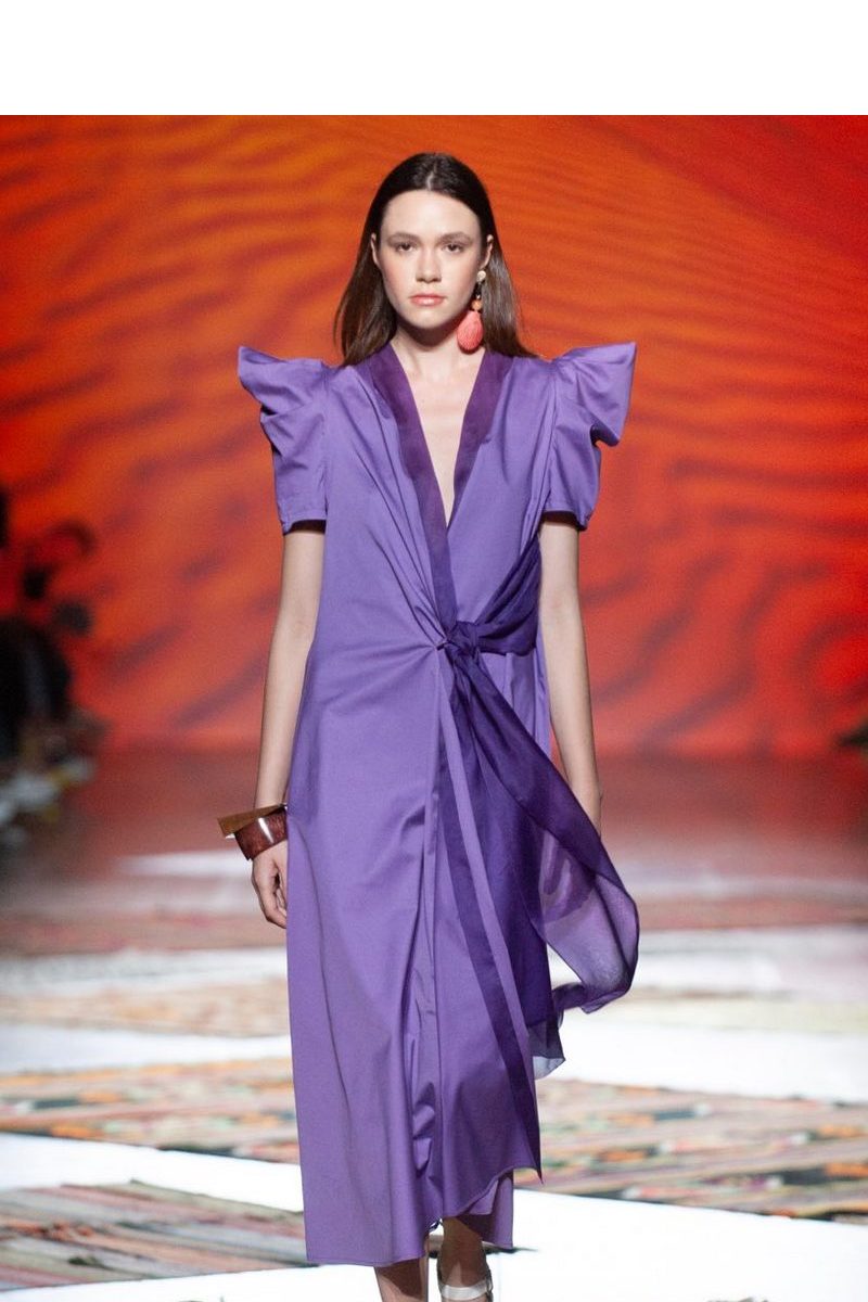 Buy Cotton dress silk organza details, asymmetrical tie in front purple midi short sleeve V neck dress