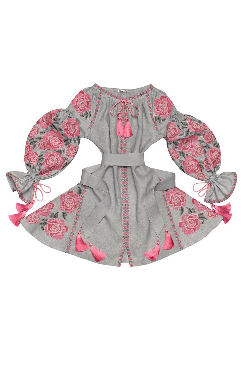 Buy Short gray ukrainian linen ethnic ornament unique designer embroidered vyshivanka dress 