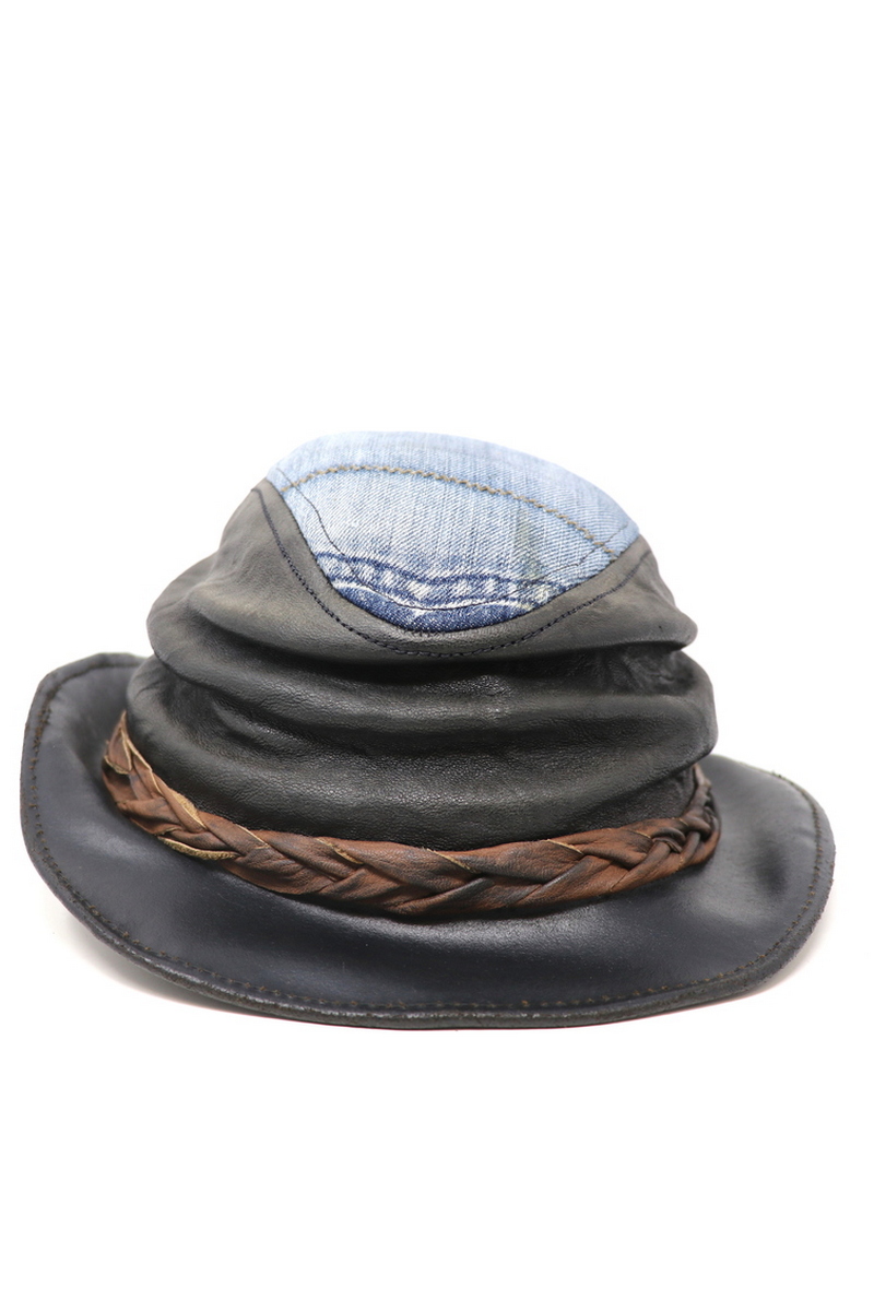 Buy Denim/Leather Wrinkled Crown Hat, Handmade unique designer Stylish Black Hat