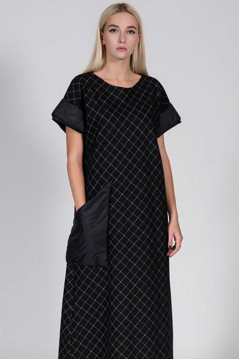 Buy Long loose comfortable black dress, casual party festive short sleeve stylish unique designer plaid dress