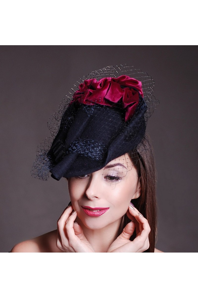 Buy Retro evening women's black red felt velvet veil hat, designer hat 