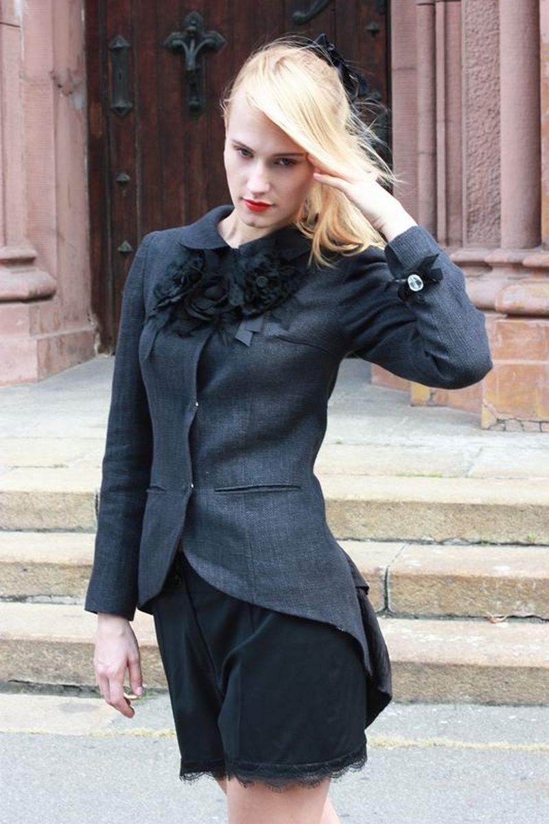 Buy Women Black Wool Jacquard Design Decor Jacket, Unique jacket with decor on the back
