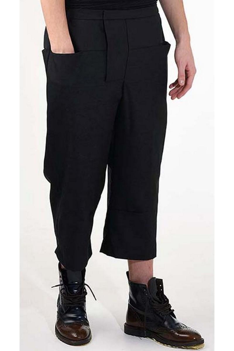  Warm soft wool black trousers, cropped stylish pockets men`s casula party club trousers