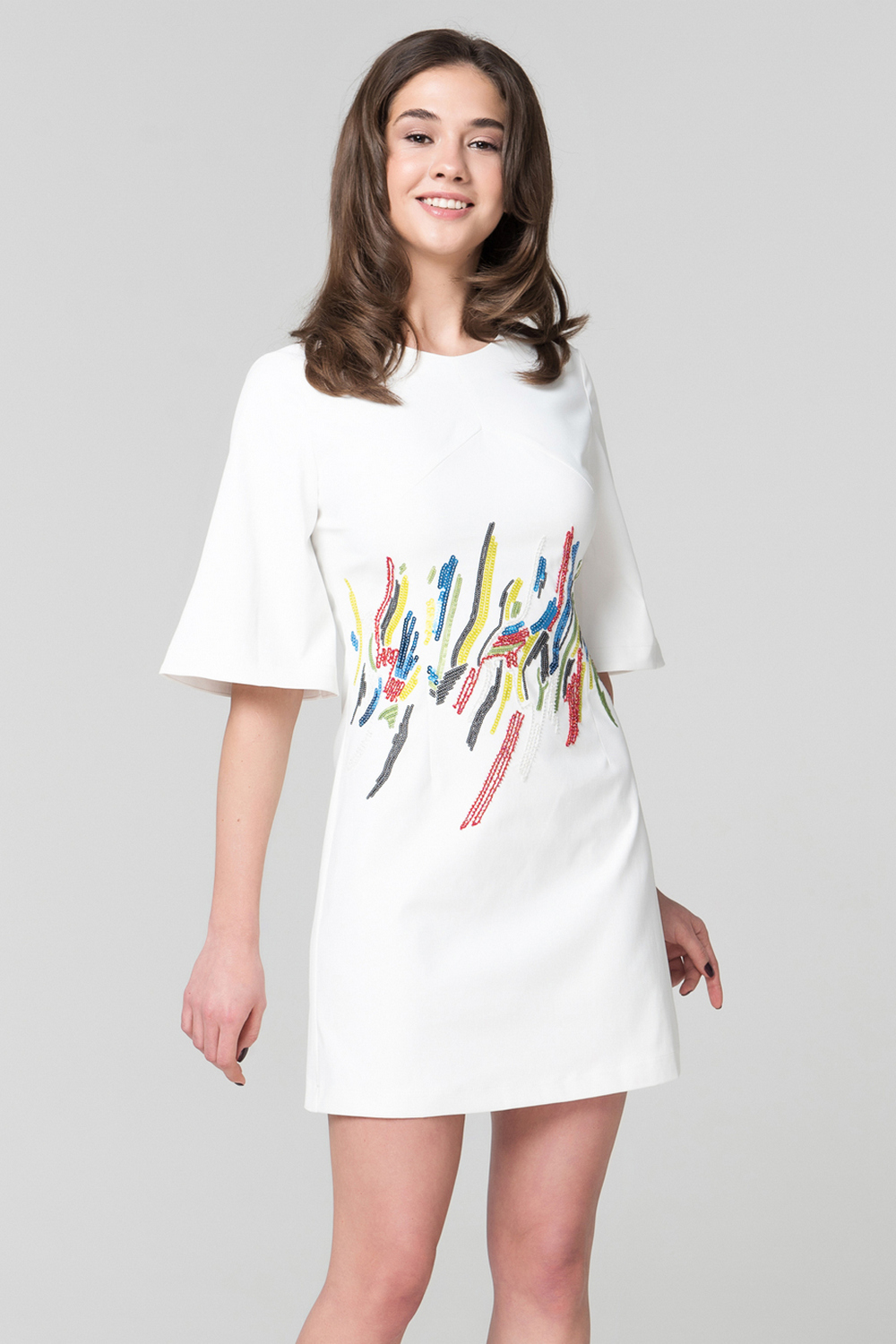 Buy Club White sequin women`s mini dress, Elegant short sleeve V-neck at the back dress with decor