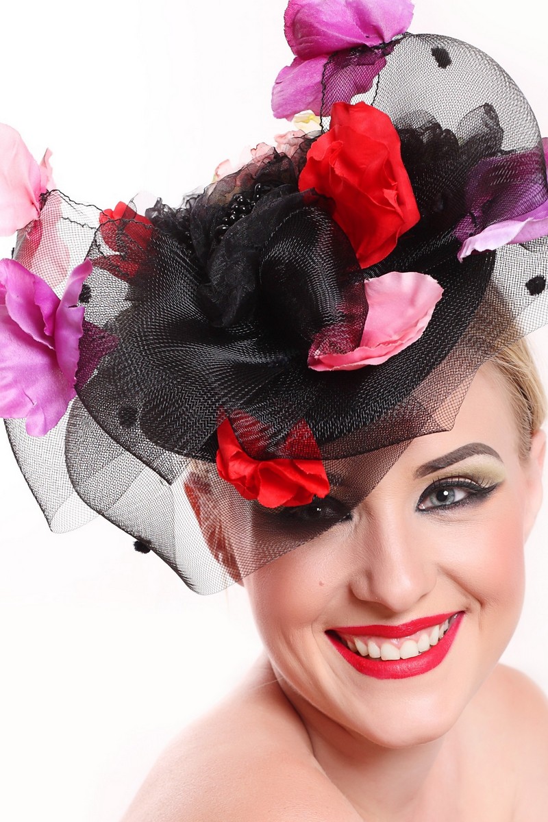 Buy Mesh bright evening women's black hat with flowers, Exclusive unique stylish hat for the holiday