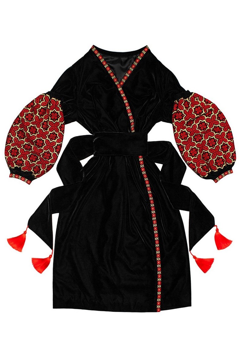 Buy Black velvet embroidered dress, stylish folk ethnic Ukrainian dress