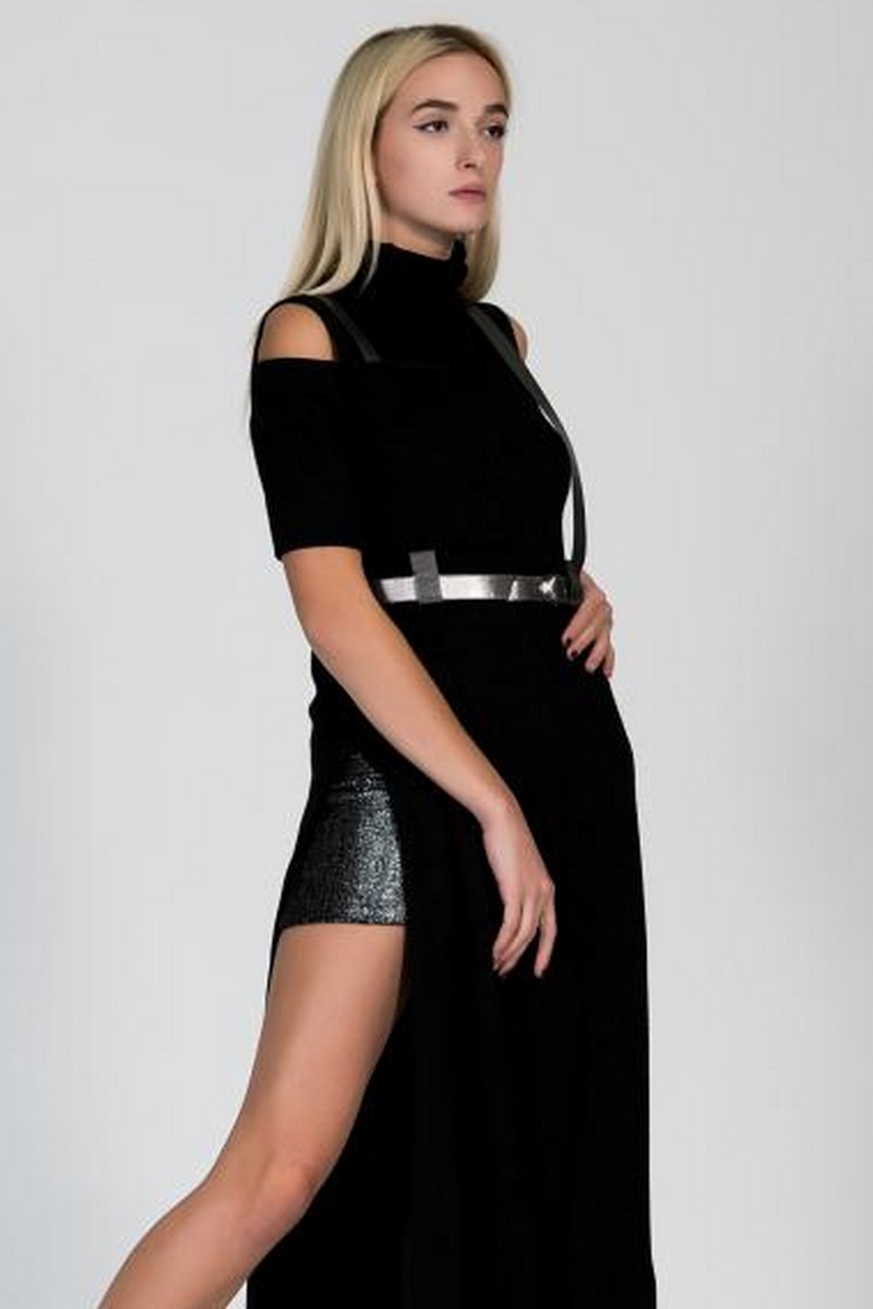 Buy Midi dress knitted black open shoulders, side slits stylish party angora warm comfortable dress